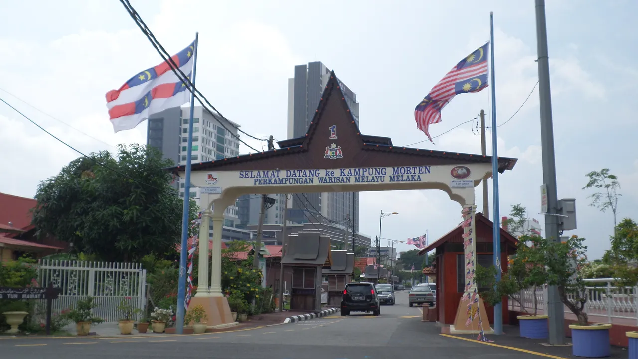 Entrance gate to Kampung Morten, a traditional Malay heritage village along the Melaka River