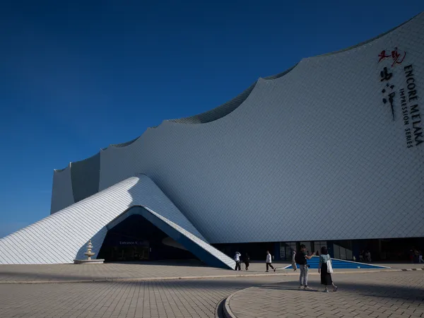 The angular white facade of the Encore Melaka theatre building at Impression City