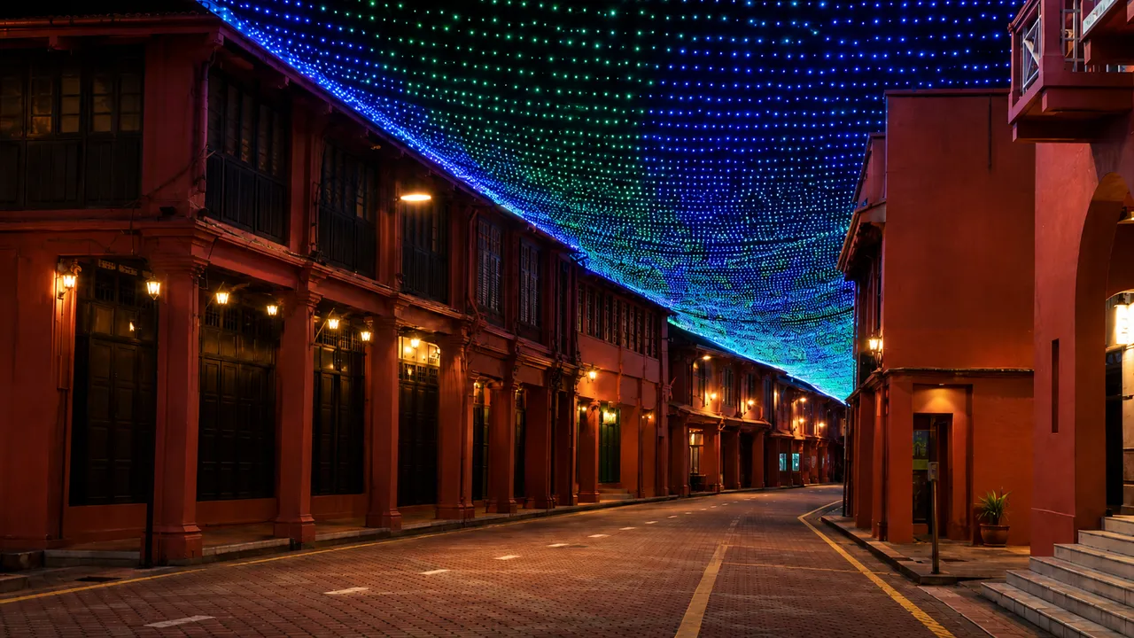 colourful night lights along Melaka Red Square walkway