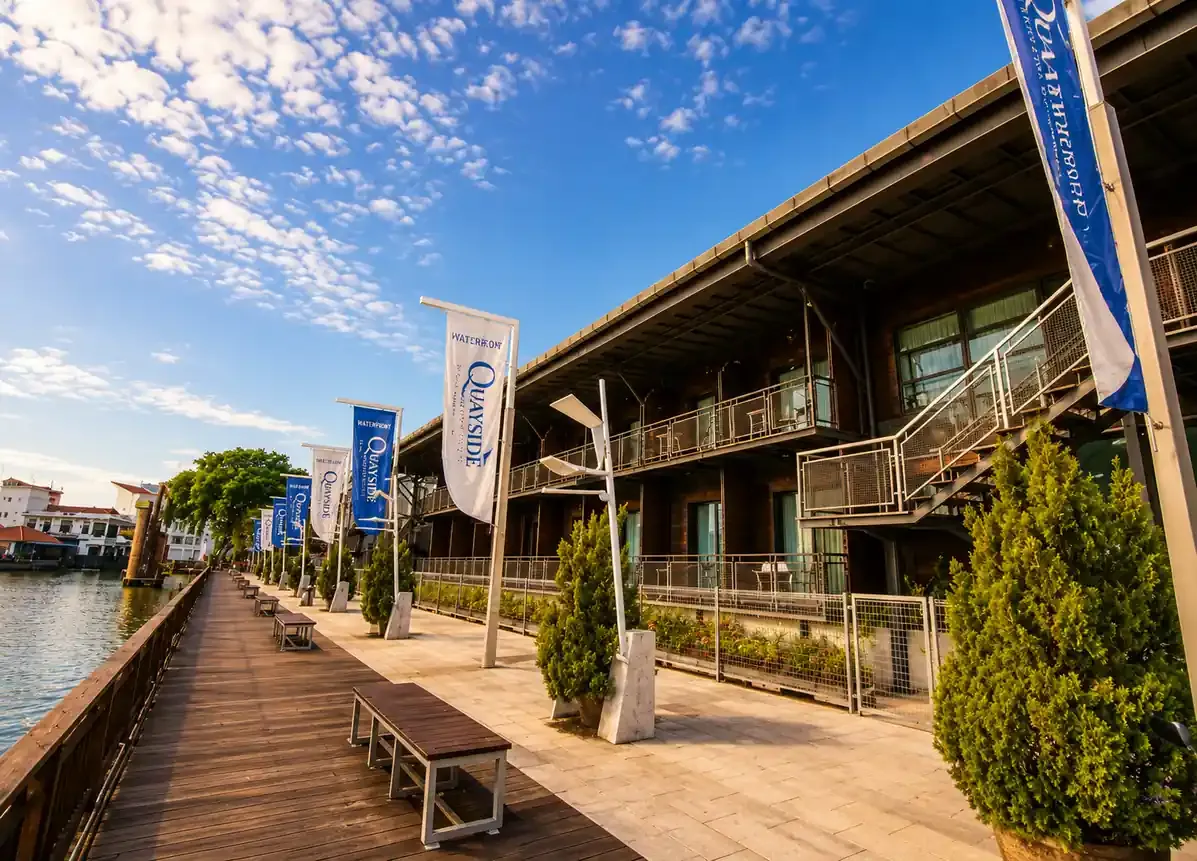 Quayside Hotel waterfront boardwalk and hotel facade in Melaka