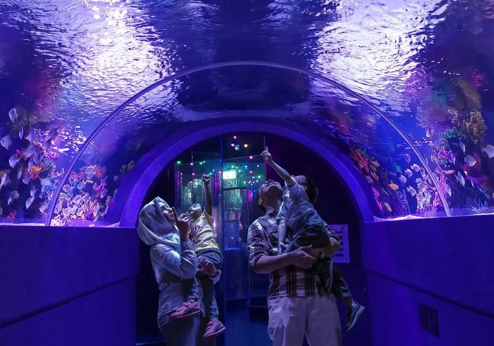 Ikan tropika dan batu karang di The Shore Oceanarium Melaka