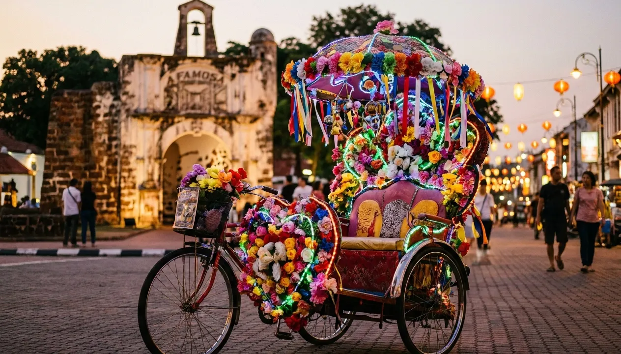 colourful Melaka trishaws in Bandar Hilir playing Bhangra music